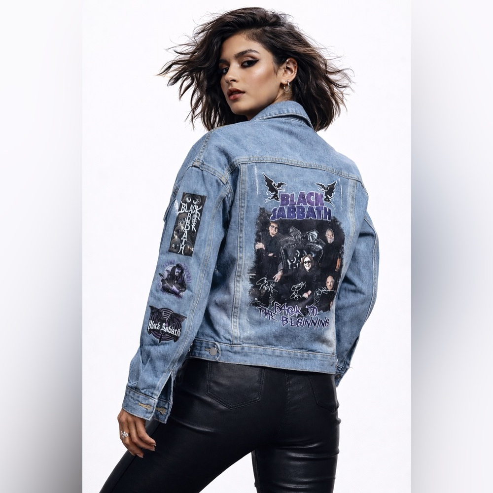 Black Sabbath Patchwork Sticker Cropped Denim Jea… - image 2